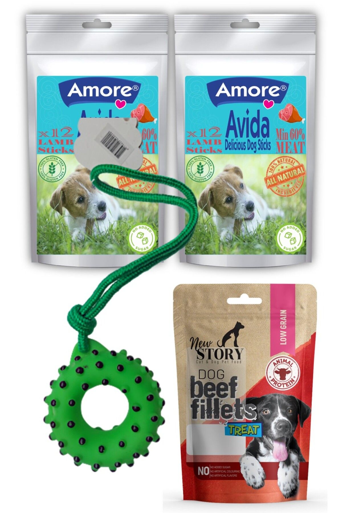 Amoredog Avida Dog Lamb 2 Paket 12li Kuzu Etli Sticks, Beef Fillets 80gr, Yoyo Yeşil Köpek Oyuncağı
