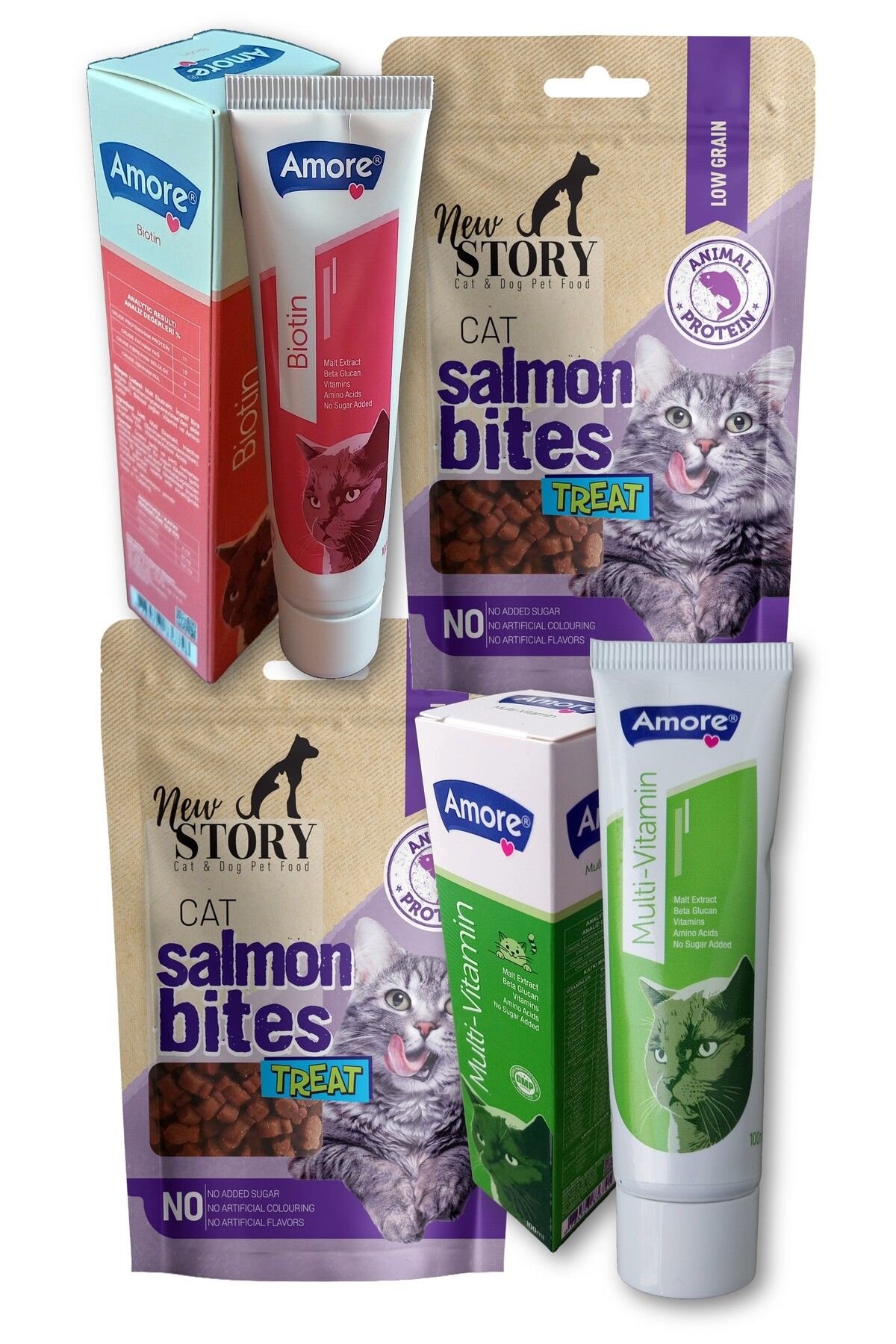 New Story Biotin Paste 100ml, Multivitamin Malt, Cat Salmon Bites 2x60gr Taneli Somonlu Kedi ödülü
