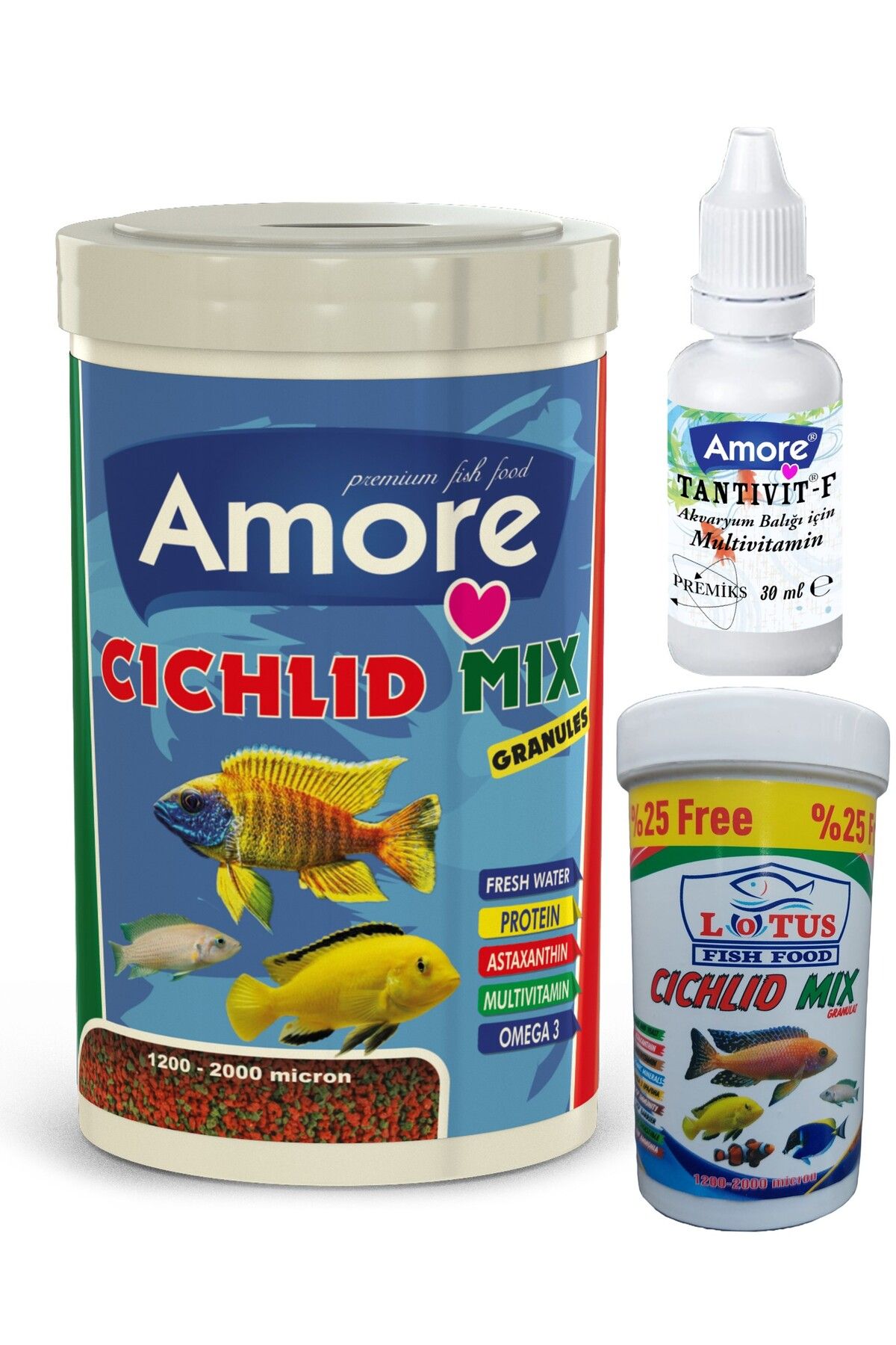 Amore Cichlid Mix Granules 1000ml Karışık, Lotus 125ml Yunus Sarı Prenses Malawi Balık Yemi, Multivitamin