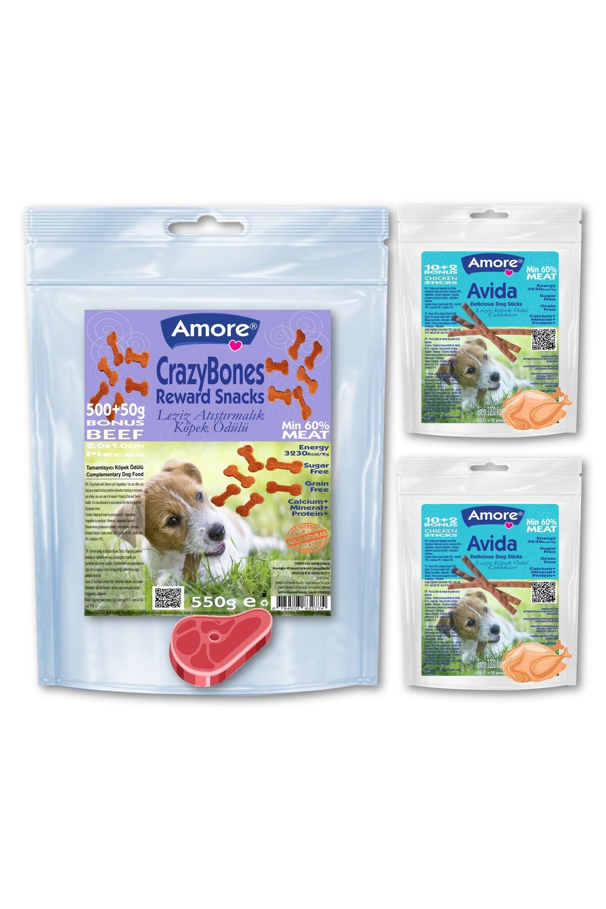 Amoredog Crazy Bones 550 Gr Sığır Etli Köpek ödül Maması Atıştırmalık Tahılsız, Avida-24 Sticks