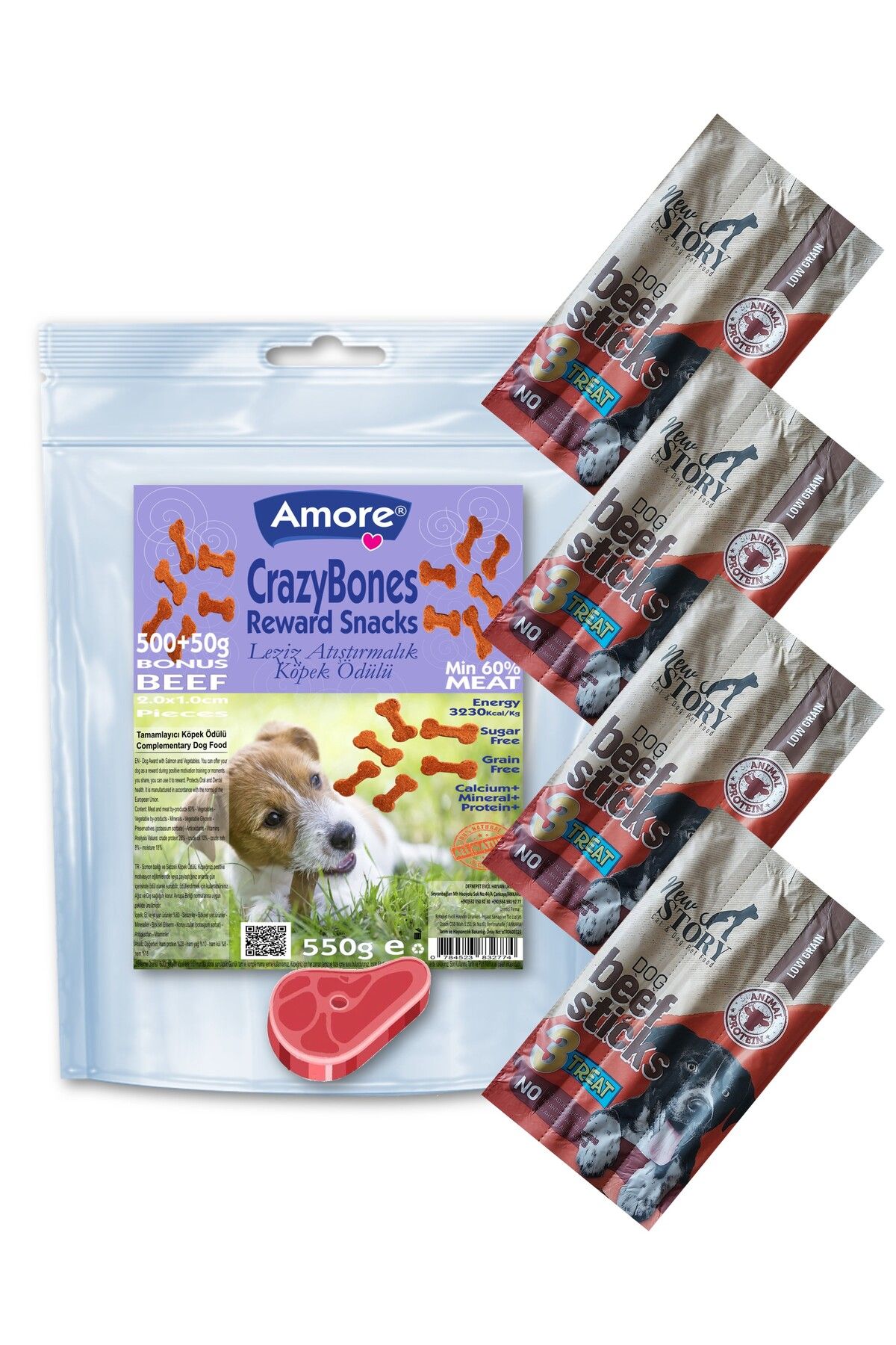 Amoredog Crazy Bones 550gr Sığır Etli Atıştırmalık Köpek ödülü, 4 X New Story 3lü Beef Extra Sticks 11gr