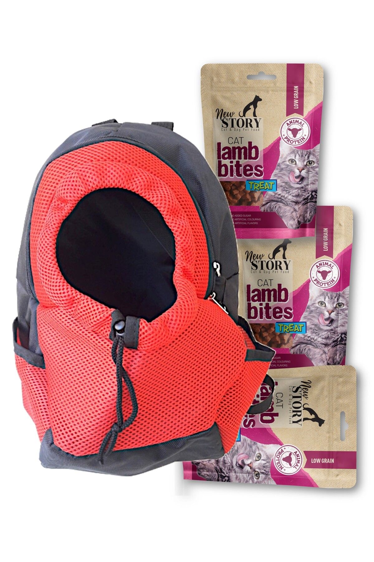 New Story Kedi Taşıma Sırt çantası (max 12 Kg Taşır), 3x60gr Lamb Bites ödül Maması