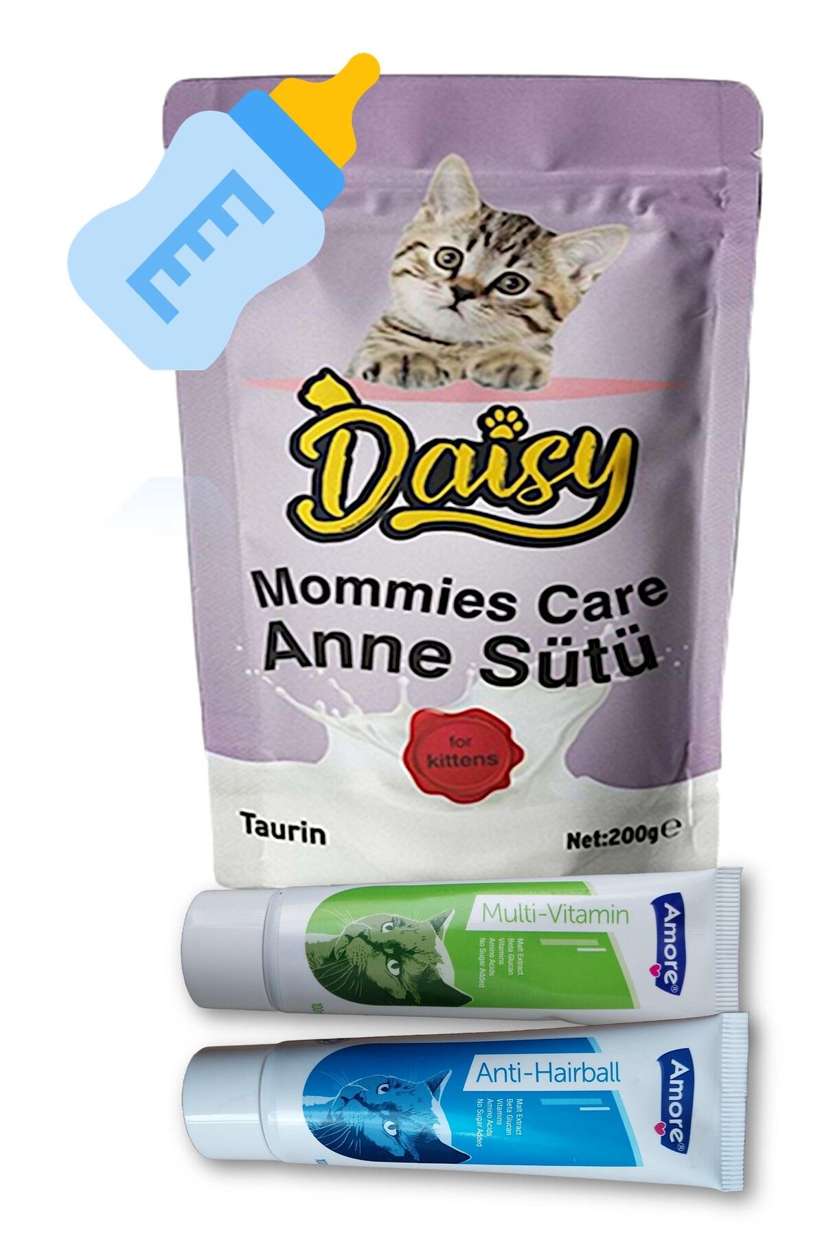 Daisy Kedi Tüy Yumağı Engelleyici 100ml, Multivitamin Malt-paste 100ml, Anne Sütü Kitten Milk 200gr Daisy
