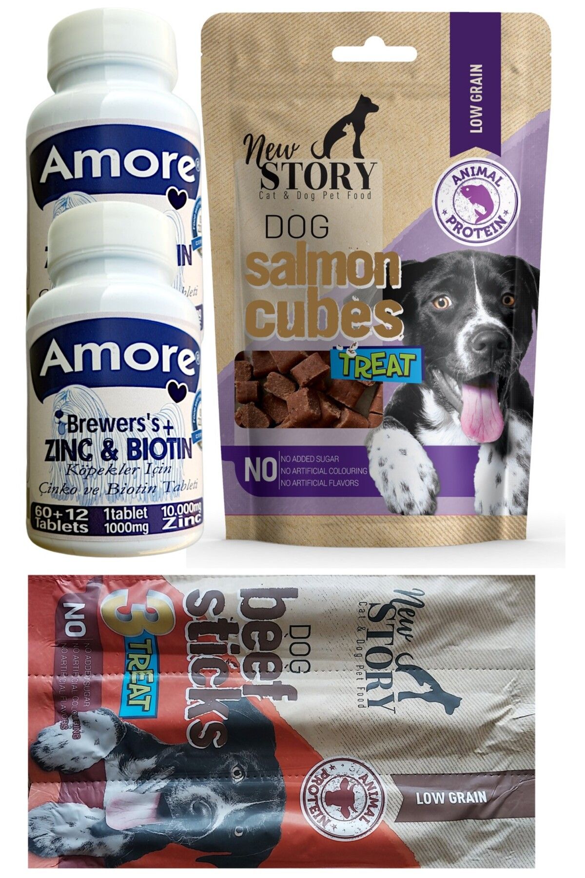 Amoredog Köpek Biyotin Tüy Döküm Tableti 2x72li Extra, 3lü Dog-beef-sticks, Salmon Cubes ödül Maması
