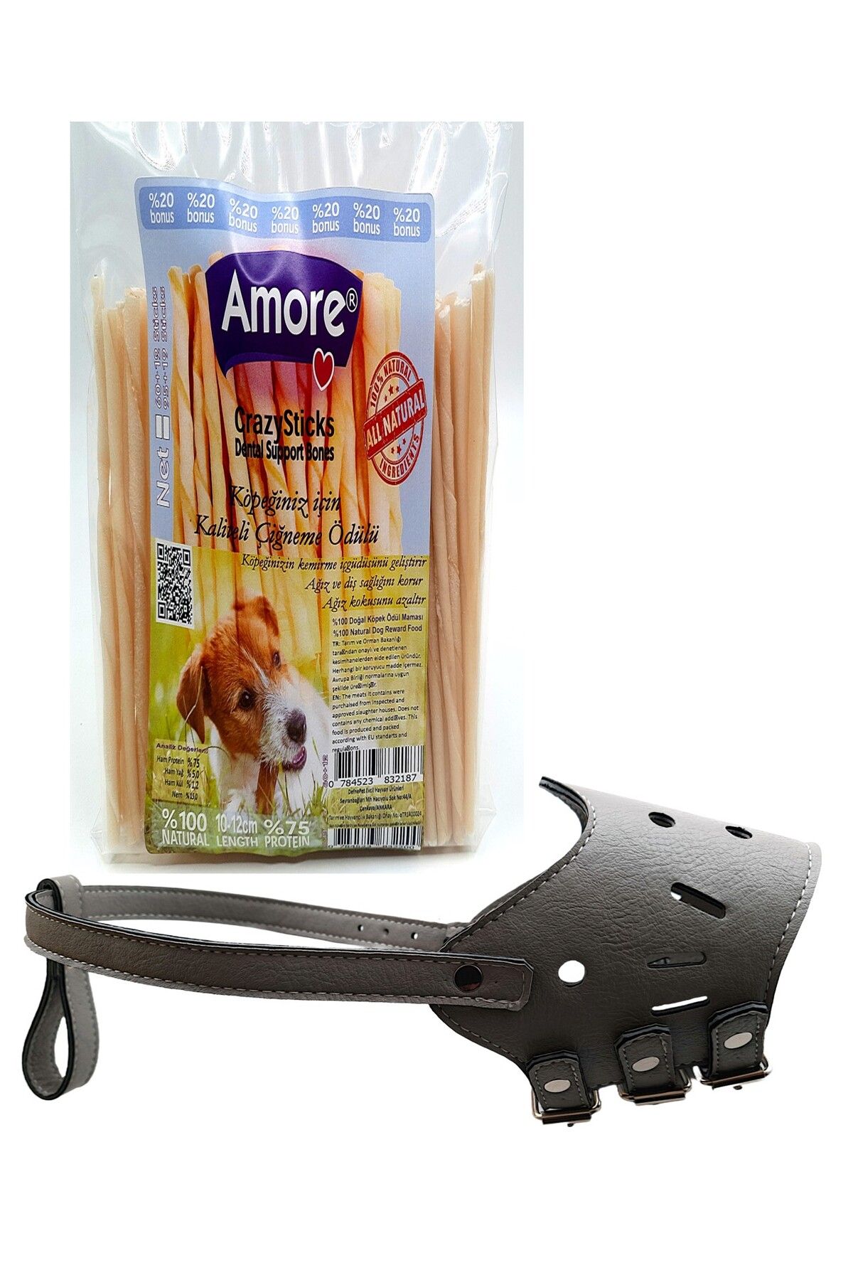 Amoredog Leather Lassie Ayarlanabilir Yumuşacık Uzun Burun Köpek Ağızlığı Grigio, Crazy ödül Sticks 72li