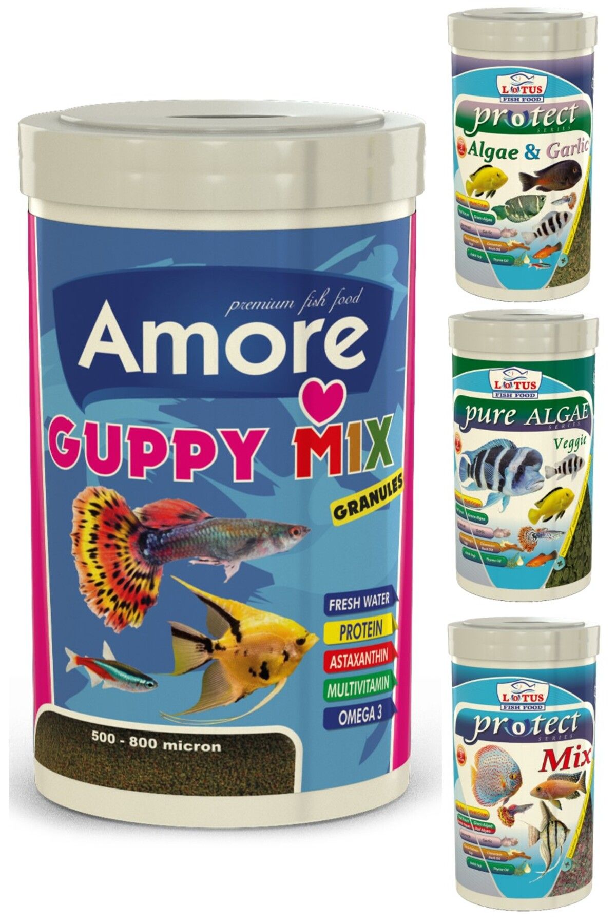Amore Lepistes-melek-tetra Guppy Mix Granules 1000ml, Algae Garlic,protect Mix,algea Veggie 100ml Yem Seti