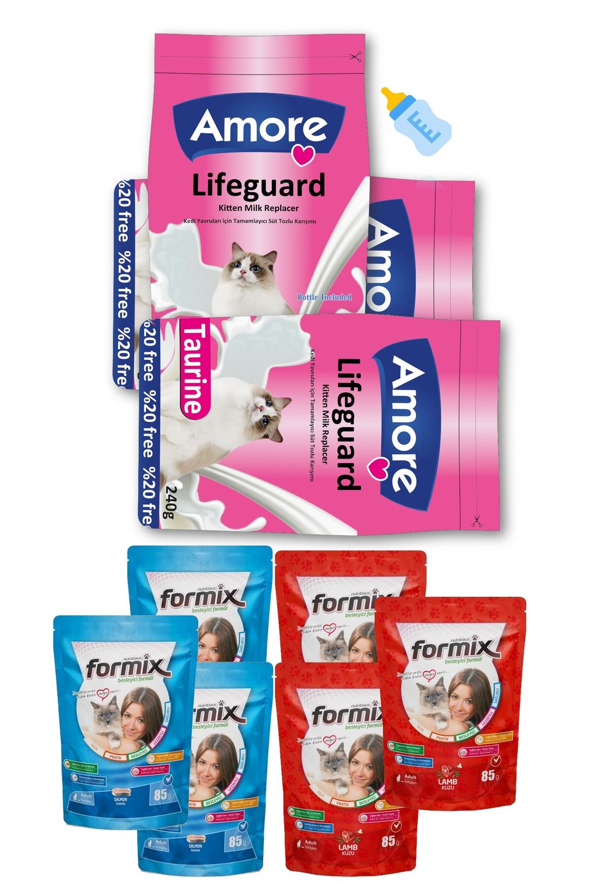 Amorecat Lifeguard Kitten Milk Süt Tozu 3x240gr, Biberon, 6-formix-punch ıslak Kedi ödülü