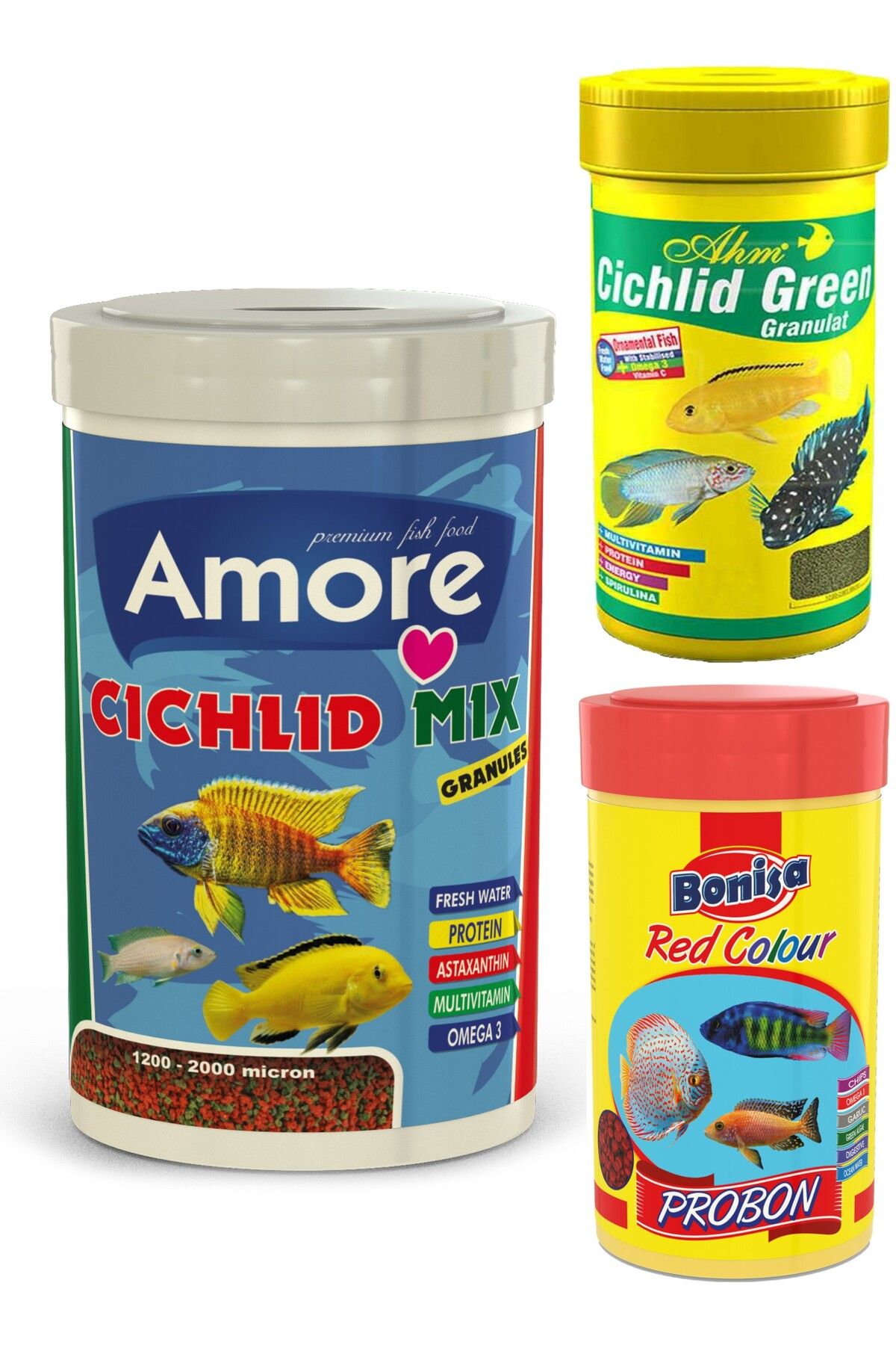 Amore Malawi Cichlid Mix 1000ml, Ahm Ciklet Green 250ml,probon Red Colour 250ml Kutu Balık Yemi