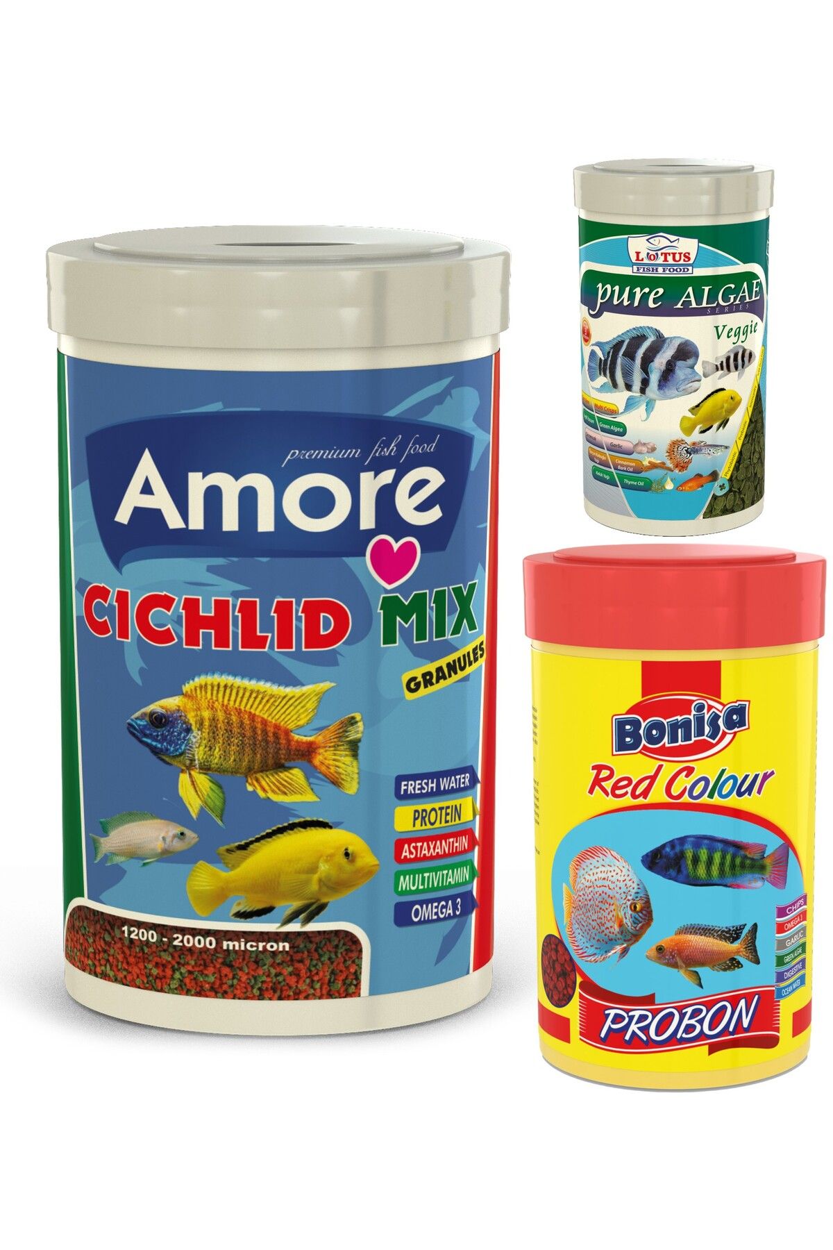 Amore Malawi Cichlid Mix 1000ml, Probon Red Colour 250ml, Pure Algae Veggie 100ml Kutu Balık Yemi