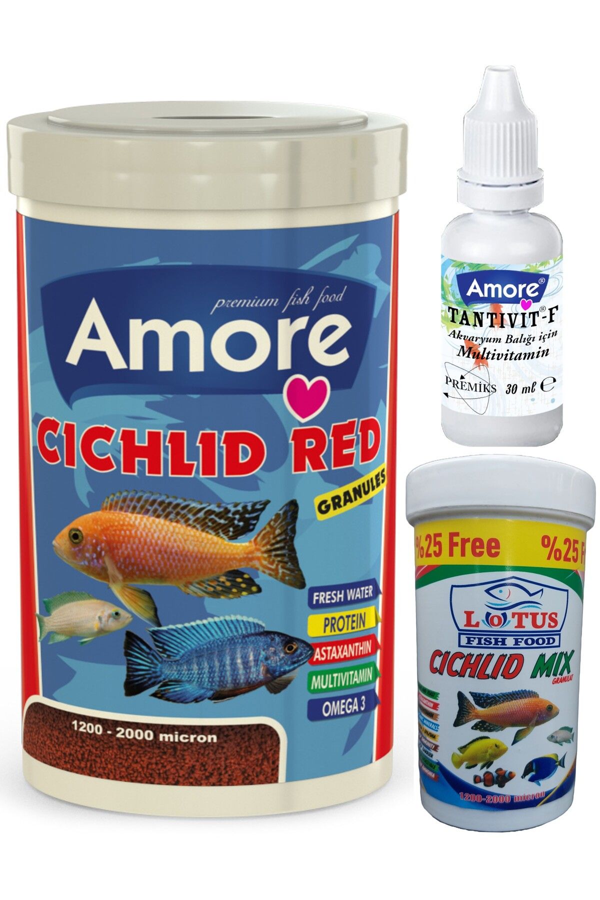 Amore Malawi Ciklet Red Protein Granules 1000ml, Lotus 125ml Yunus Sarı Prenses Balık Yemi, Multivitamin