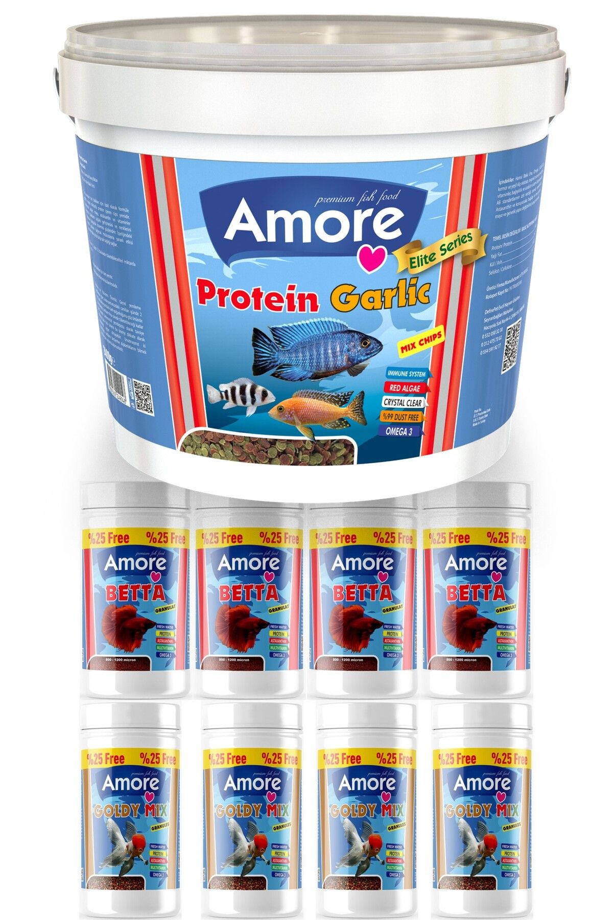 Amore Protein Garlic Malawi Ciklet 2.4kg Pro Chips Sarımsaklı Kova Balık Yemi,betta-goldy-4x125ml