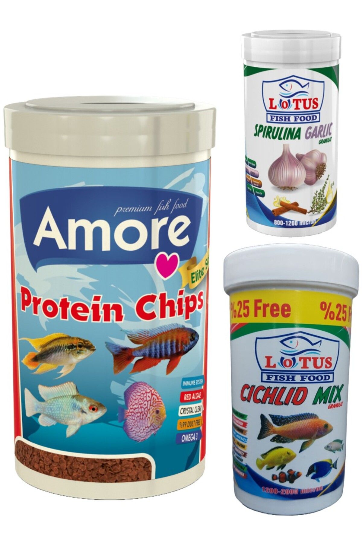 Amore Protein Pro Flat Chips 250ml, Cichlid Mix 125ml, Spirulina Garlic 100ml Kutu Karışık Balık Yemi
