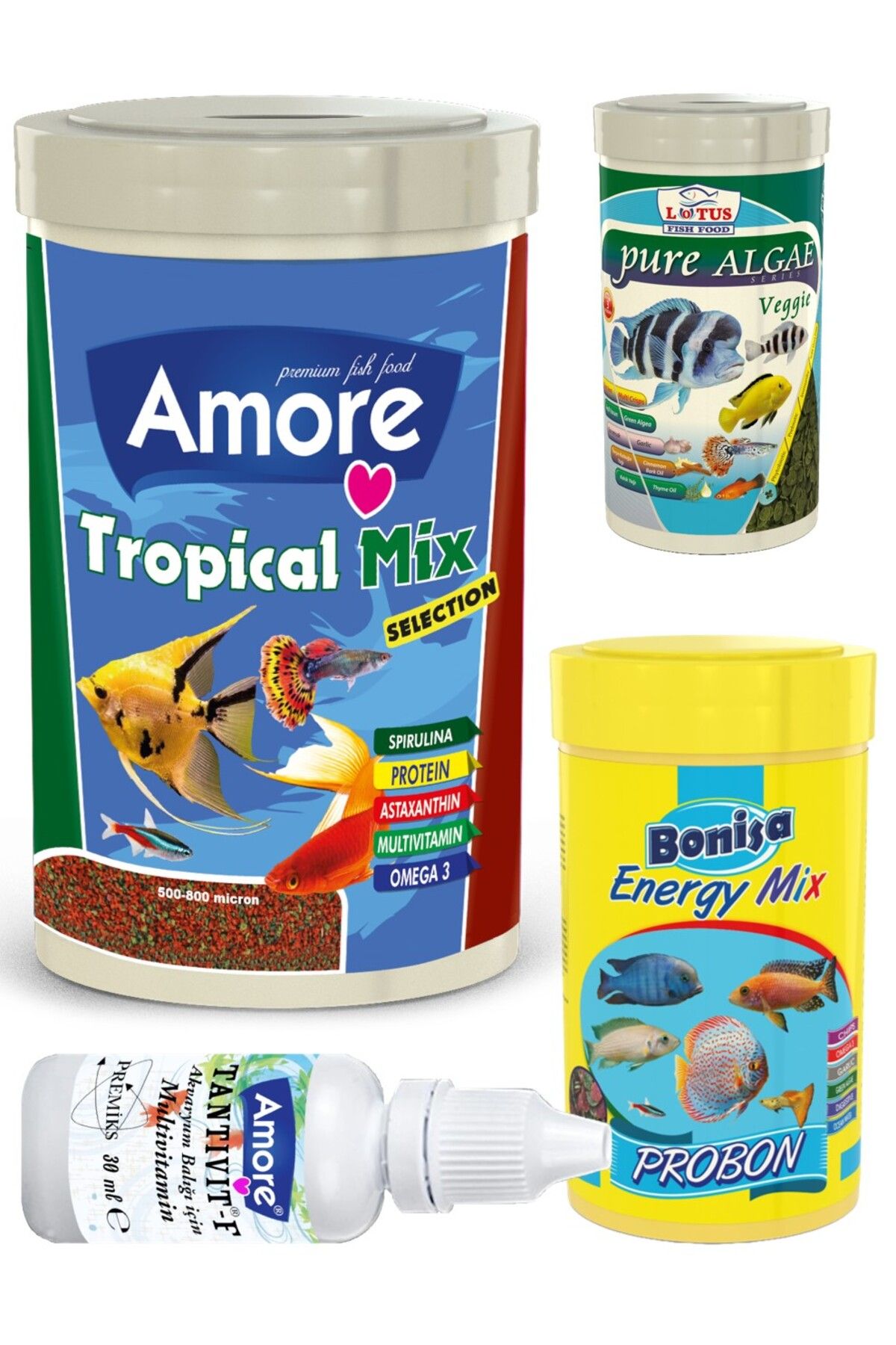 Amore Tropical Mix Selection 1000ml, Pure Algae 100ml, Energy Mix 250ml Balık Yemi, Multivitamin