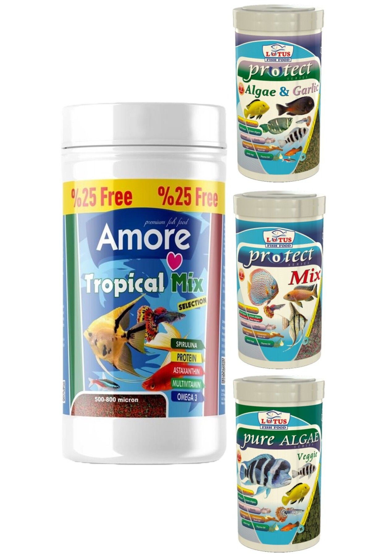 Amore Tropical Mix Selection 125ml, Lotus Protect 3 Pro 100ml Tropik Balık Yemi Set
