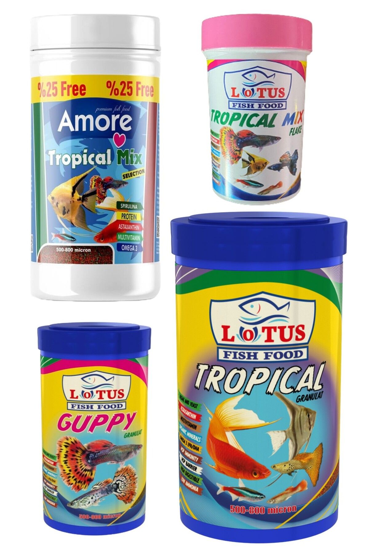 Lotus Tropical Mix Selection 125ml, Lotus Tropikal 250ml, Guppy Granül 100ml, Tropik 100ml Pul Balık Yemi