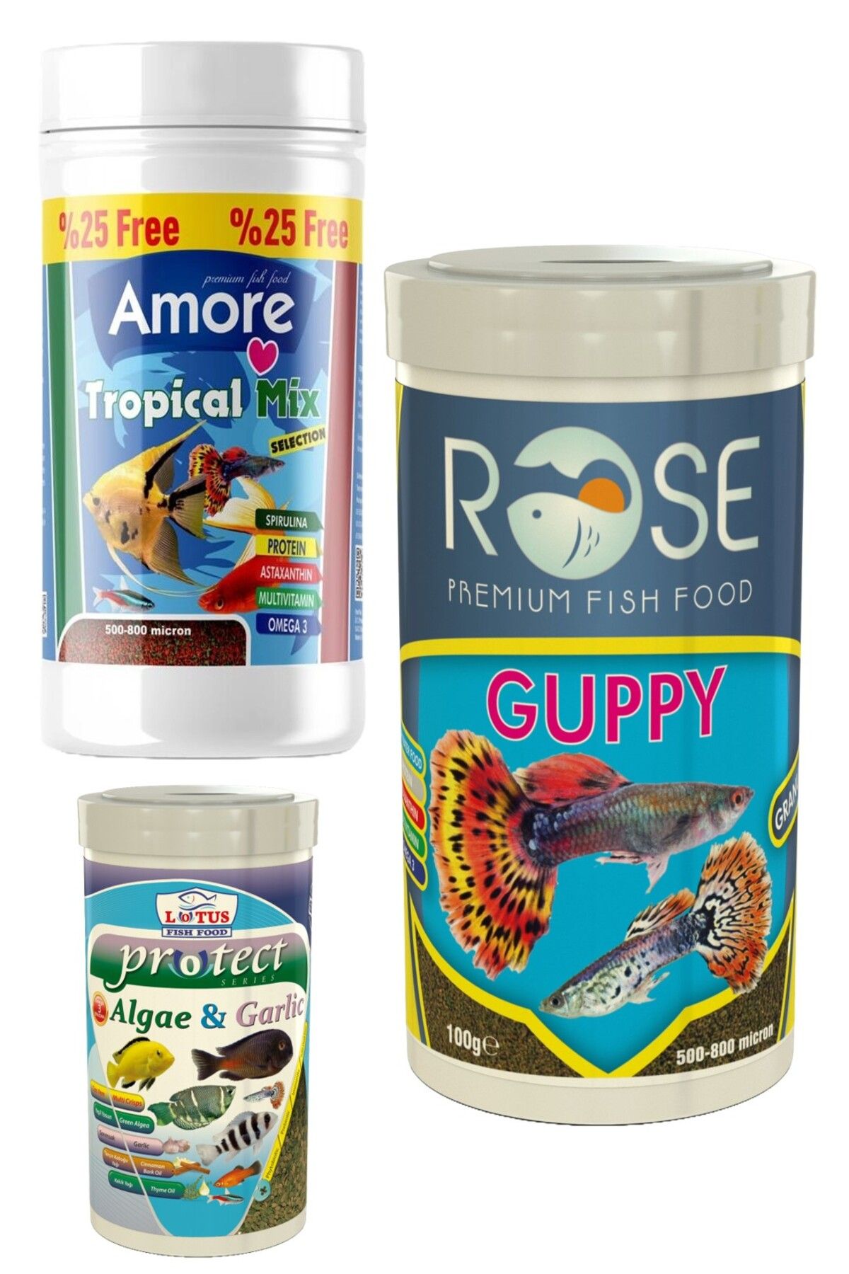 Tropical Mix Selection 125ml, Rose Guppy 250ml, Protect Algae Garlic Pro 100ml Tropik Balık Yemi Set