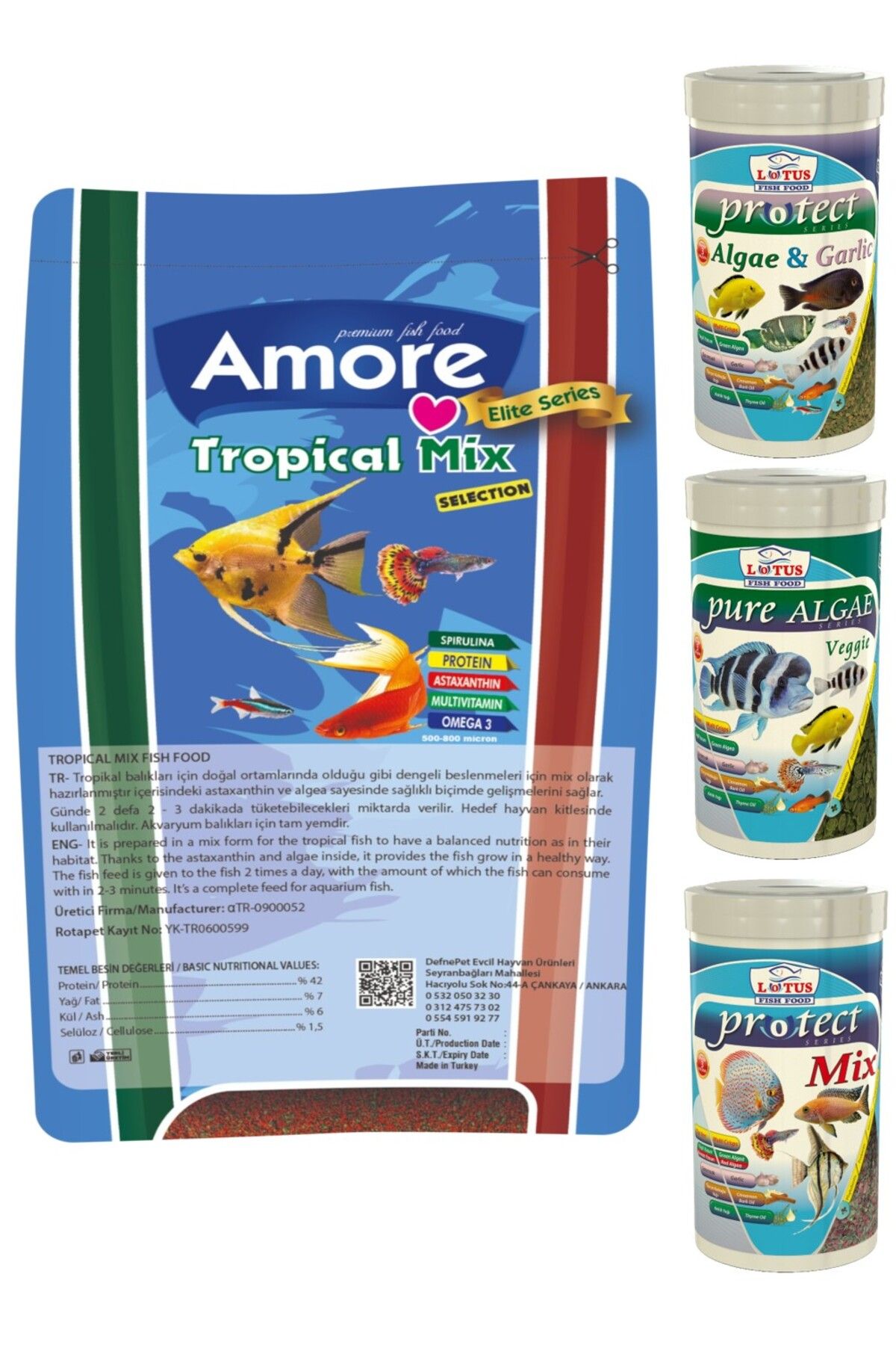 Amore Tropical Mix Selection 460gr, Lotus Protect 3 Pro 100ml Tropik Balık Yemi Set