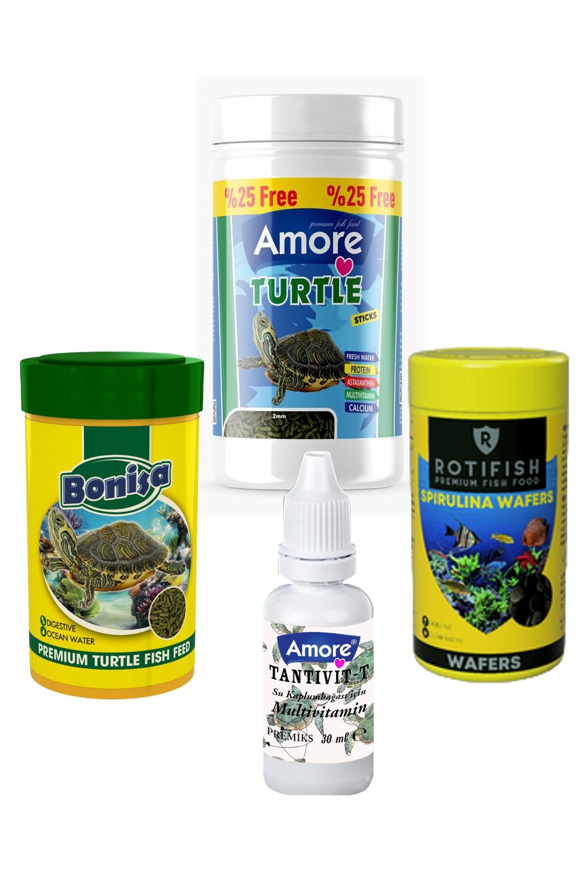 Amore Turtle Food 125ml Sticks, Bonisa 100ml Su Kaplumbağası Yemi, Spirulina Wafers 100ml, Multivitamin