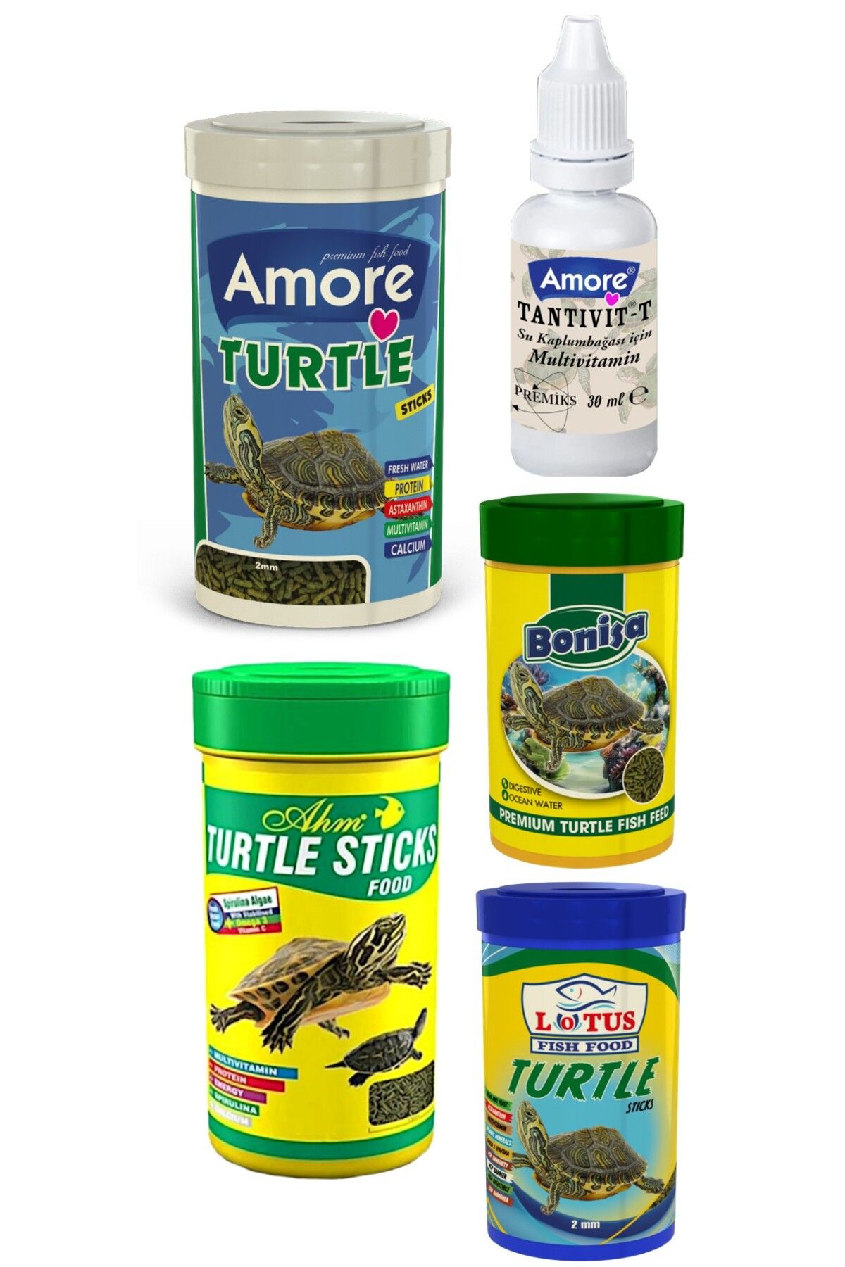 Amore Turtle Green Sticks 250ml, Ahm-250, Bonisa-100, Lotus-100 Su Kaplumbağası Yüzen Yemi, Multivitamin