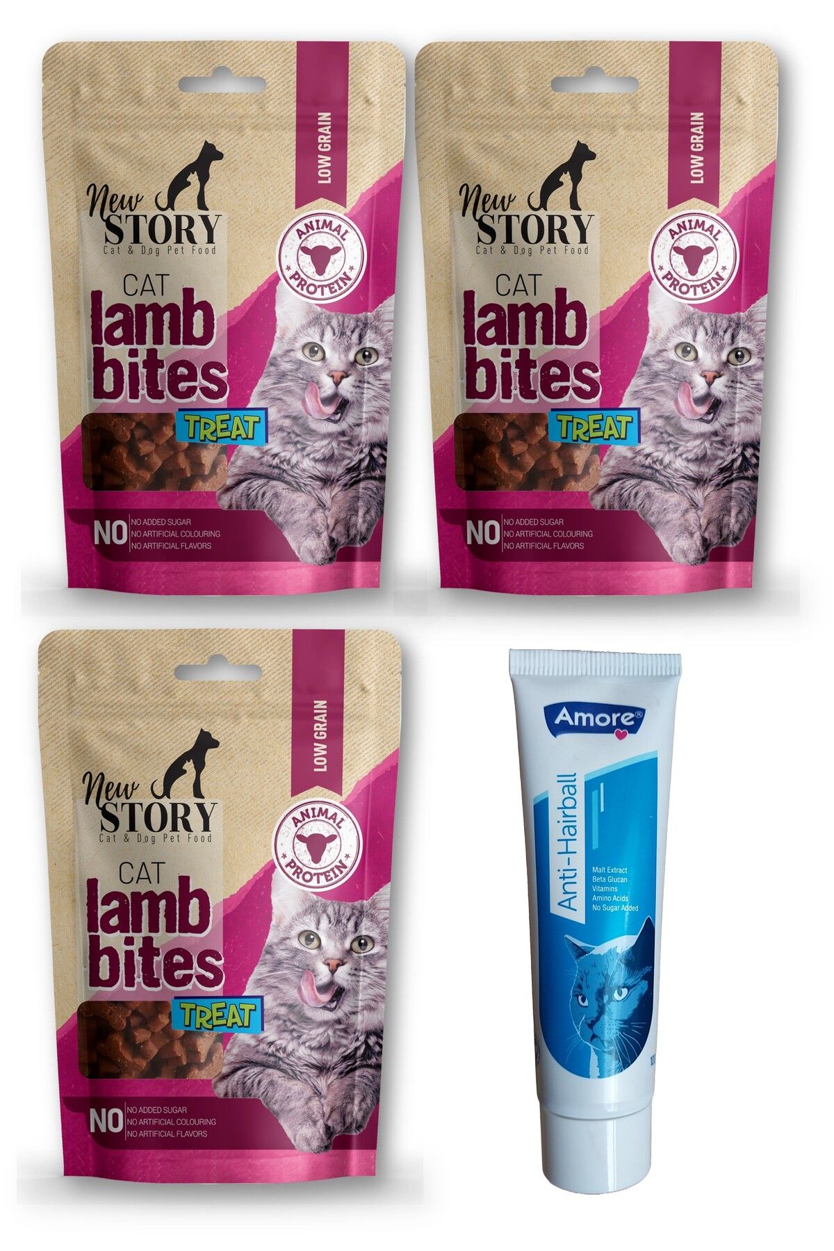 New Story Amore Anti Hairball 100ml, 3x60gr Lamb Bites Atıştırmalık Yumuşacık Taneli Kedi ödül Maması